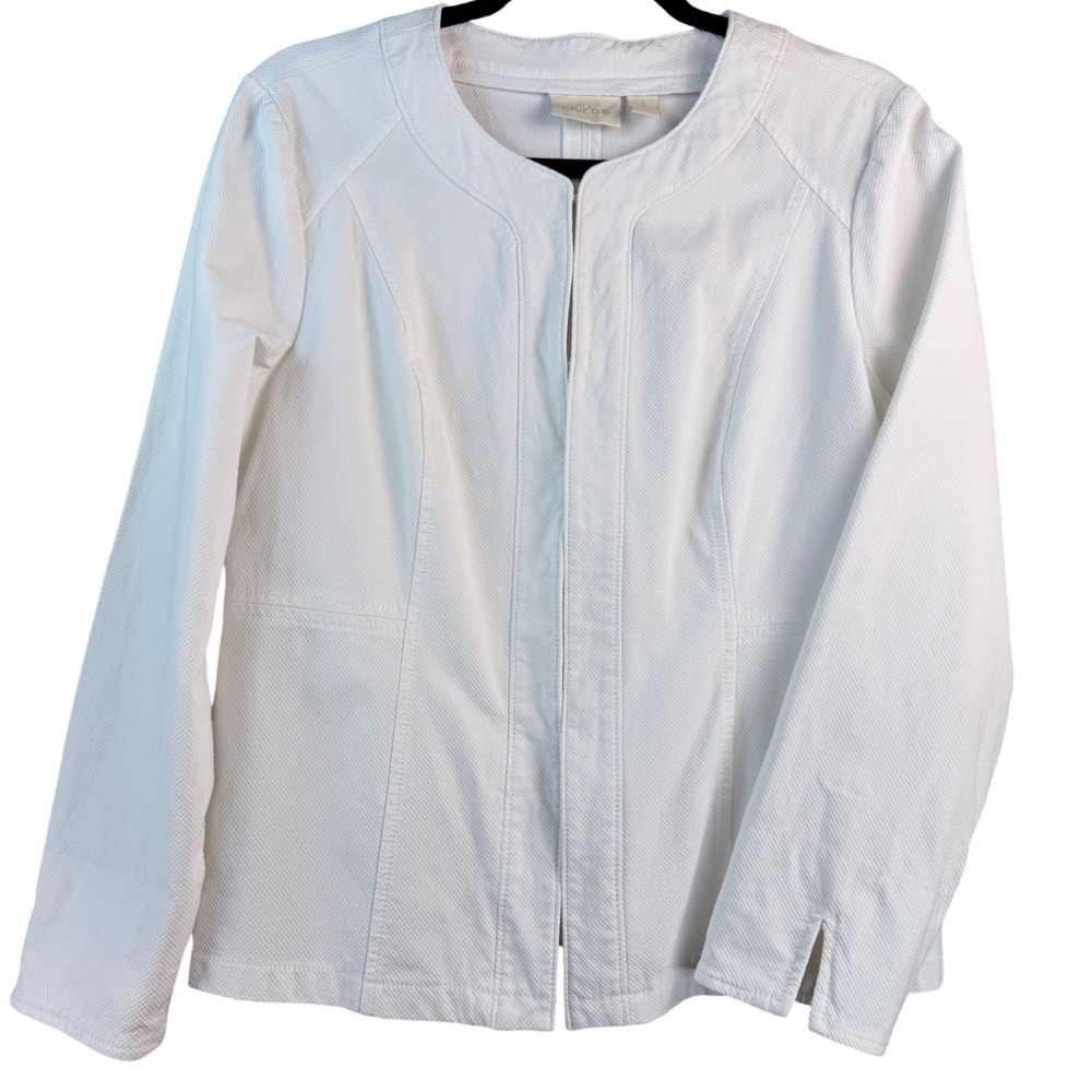 Chicos White Textured Open Front Jacket Size 1 Cotton Rayon Pique Blazer